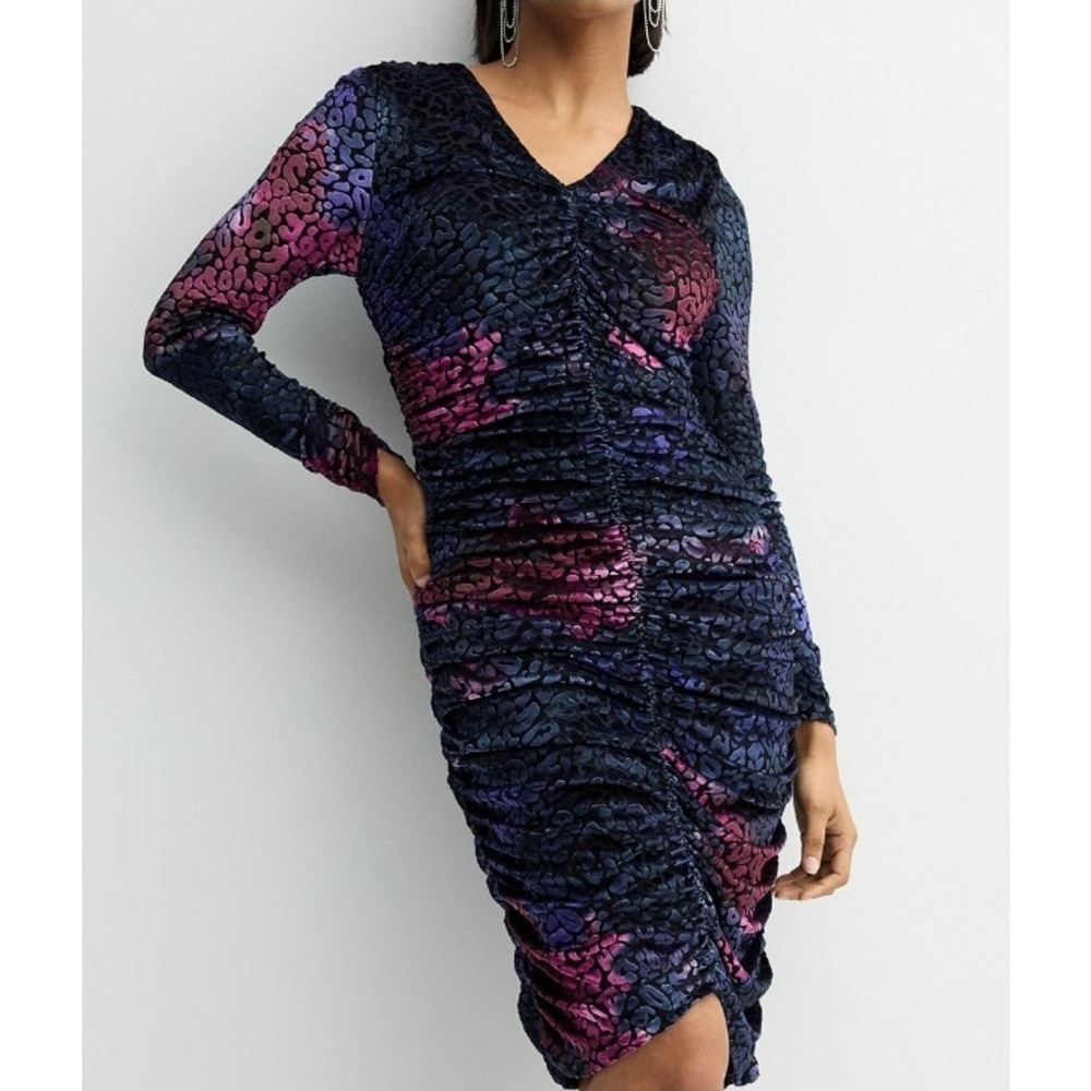 Ruched Velvet Burnout Leopard Animal Print Dress Bodycon Dark Romantic NWT Sz 10